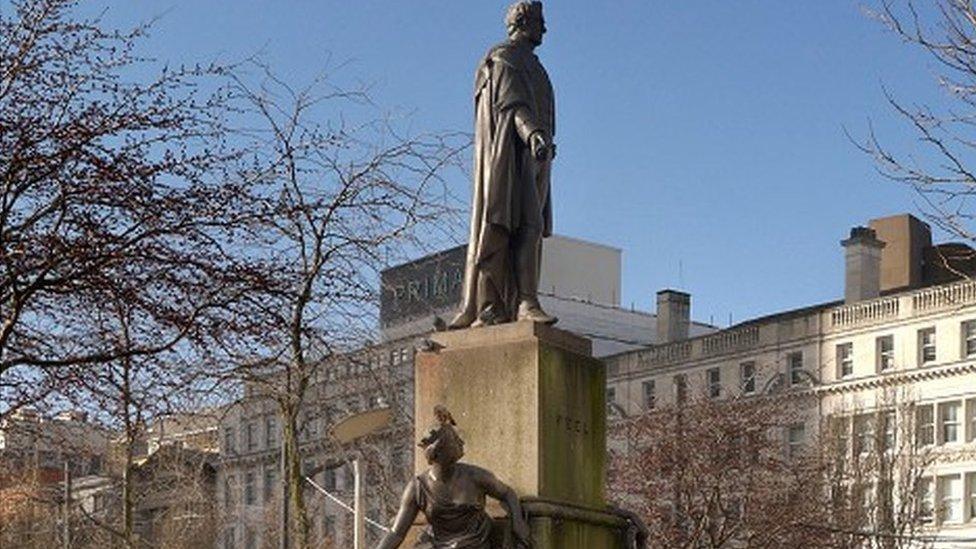 Sir Robert Peel statue in Piccadilly Gardens in Manchester