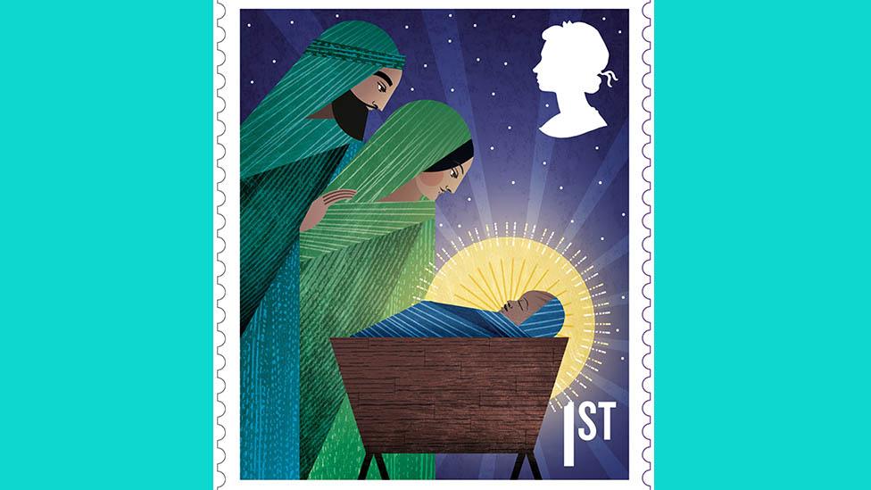 A stamp featuring Mary, Joseph and Baby Jesus