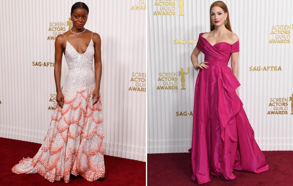 Danielle Deadwyler and Jessica Chastain arrive for the 29th Screen Actors Guild Awards at the Fairmont Century Plaza in Century City, California, on February 26, 2023