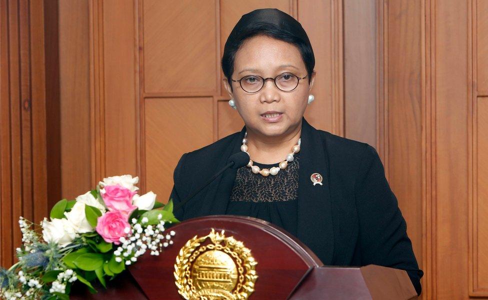 Indonesian Foreign Minister Retno Marsudi talks to journalists during a press conference in Jakarta