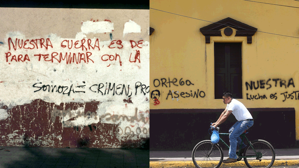 Sandinista graffiti can be seen on a wall in June 1979/A man drives a bike past a wall with graffiti reading 'Ortega assassin' and 'Our fight is fair' in Masaya, Nicaragua on June 20, 2018.