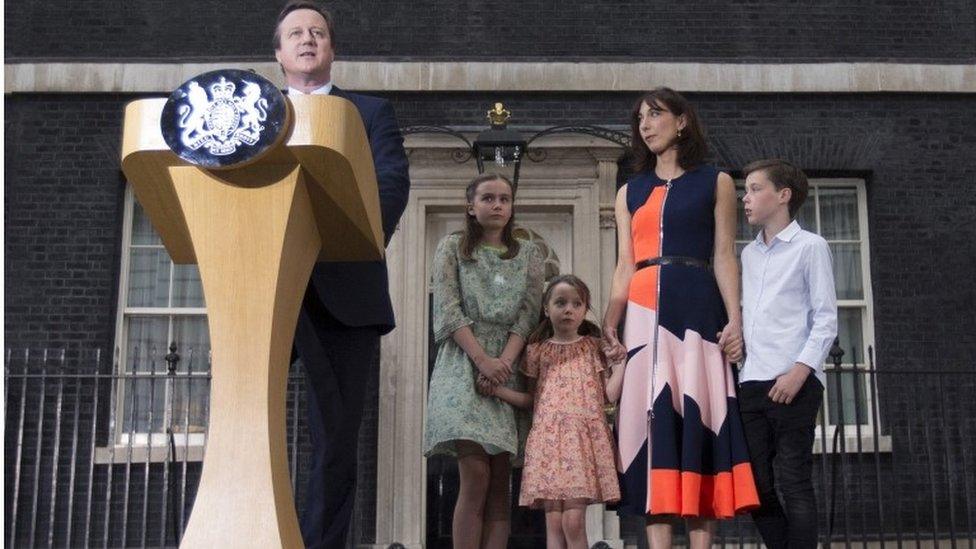 David Cameron and his family as he makes his final speech on Downing Street