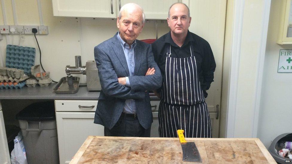 John Humphrys with David Straw, a butcher in Shirebrook