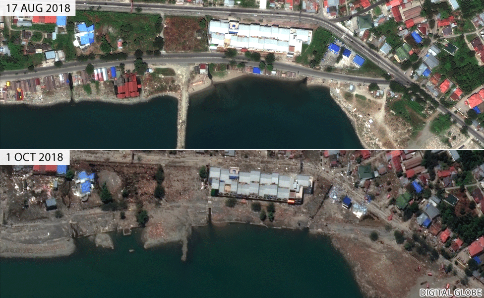 Before and after images of jetty in Palu