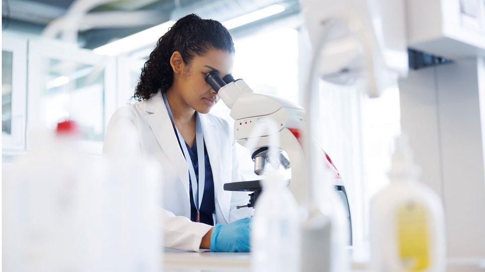 Scientist looking down a microscope