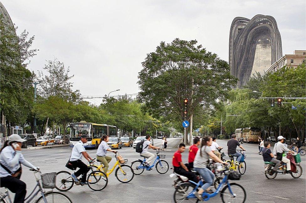 Street view of Beijing with view of Chaoyang Park Plaza. Chaoyang Park Plaza, Beijing, China