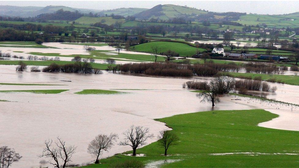 Fields underwater after the river Towy burst its banks near Dryslwyn Castle, Carmarthenshire, courtesy of Stuart Ladd from Ammanford.