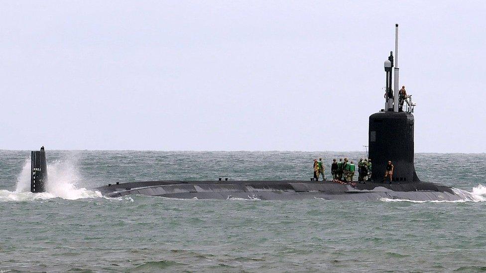 The USS Indiana, a nuclear-powered US Navy Virginia-class fast attack submarine, departs Port Canaveral in Florida on October 1, 2018