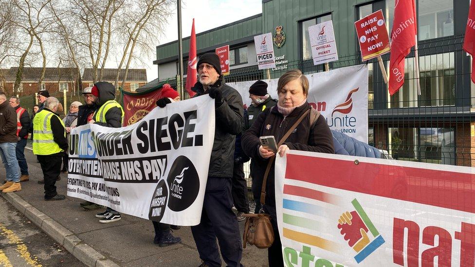 Unite members on the picket line in Cardiff