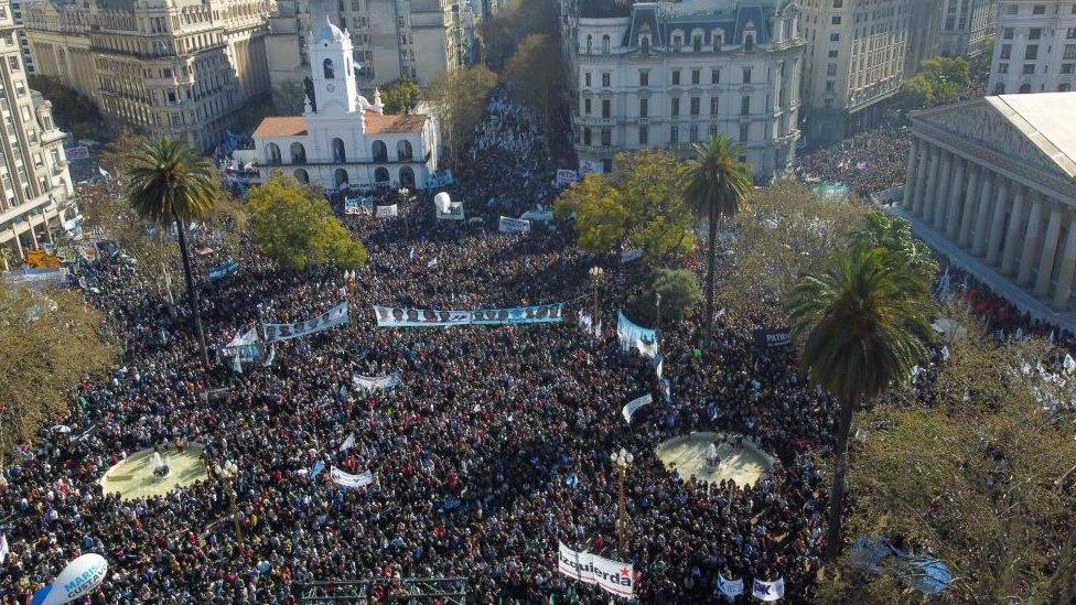 Thousands of people gathered at Plaza de Mayo in Buenos Aires on Friday to protest against the attack