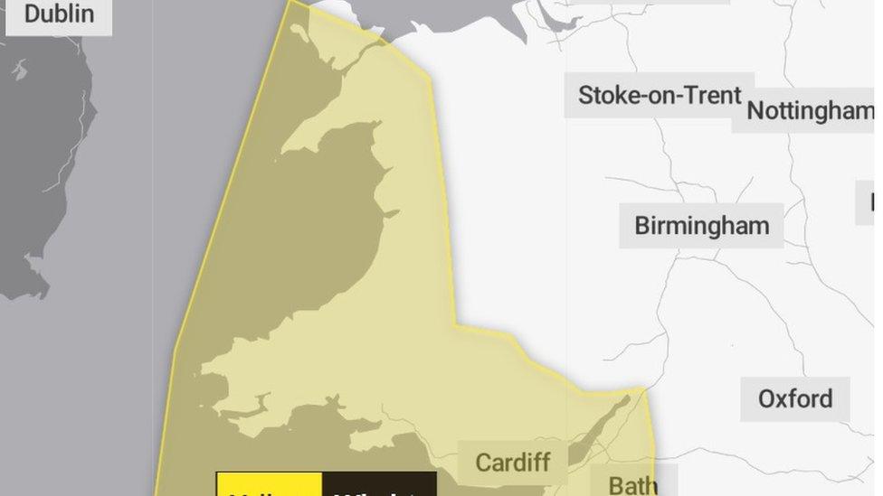 A map showing most of Wales covered by the wind warning