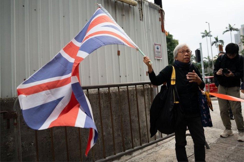 Protester Alexandra Wong, also known as "Grandma Wong" speaks to the media outside of the West Kowloon Court Buildings in Hong Kong, China, 18 December 2023.