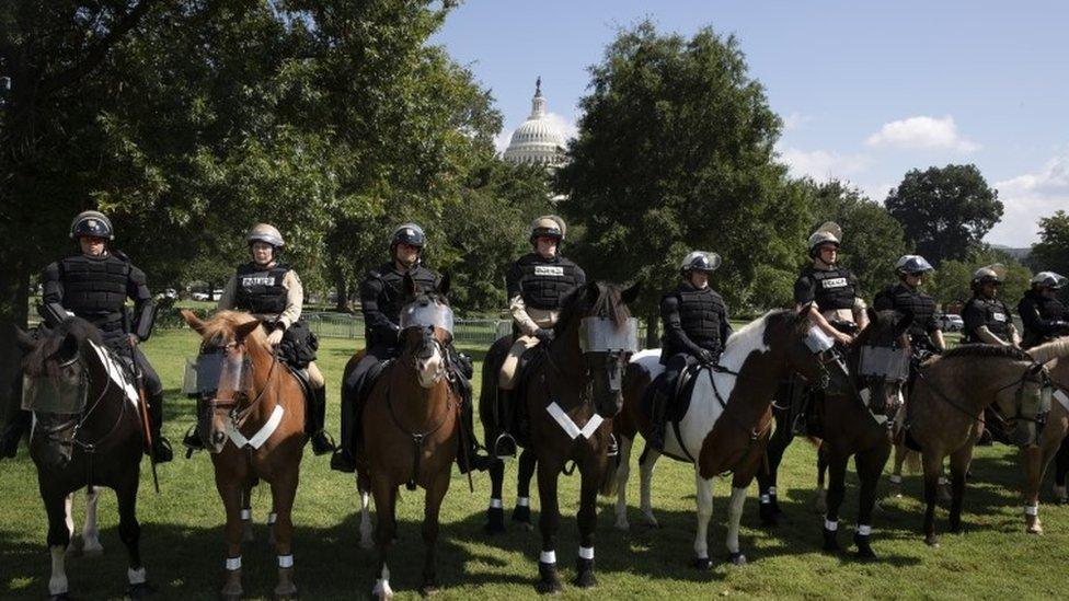 Mounted police stand by near the "Justice for J6" protest on Capitol Hill in Washington, DC, USA, 18 September 2021