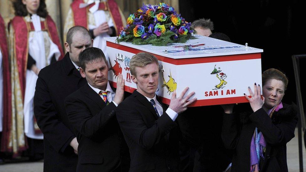 The coffin of seven-year-old Katie Rough leaves York Minster following a funeral service