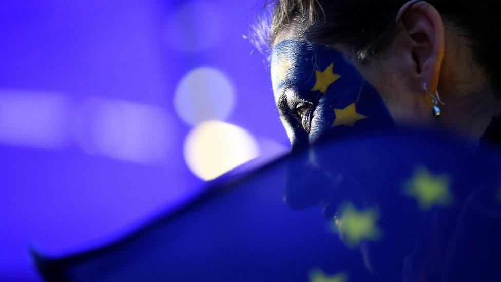 A woman with an European flag painted on her face stands outside the European Parliament durng an event for the announcement of European parliametary elections results in Brussels on May 26, 2019.