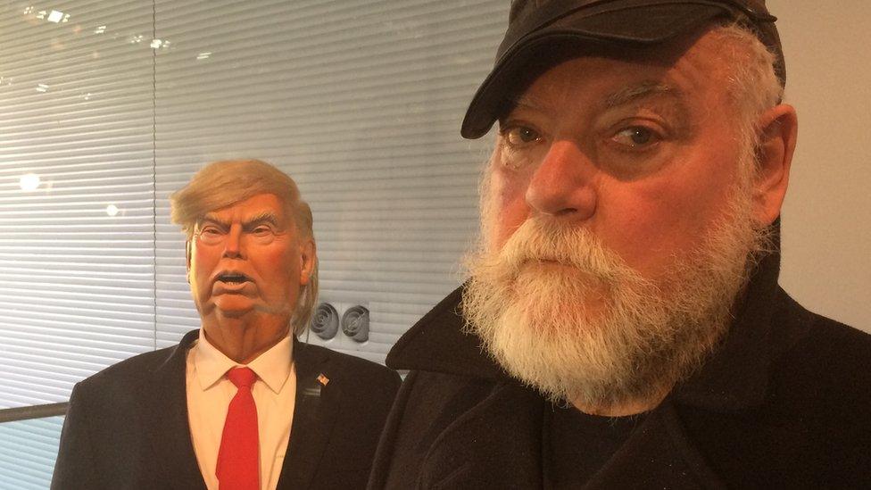 Trump puppet with creator Roger Law