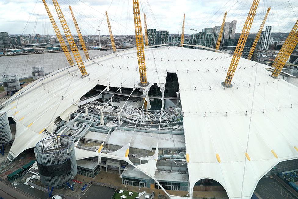 Damage to the roof of the O2 Arena in south east London, caused by Storm Eunice on 18 February 2022