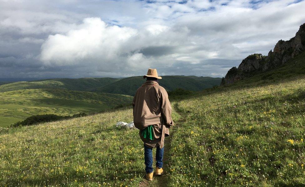 Tshe Bdag Skyabs walking through grass fields towards a lush green valley