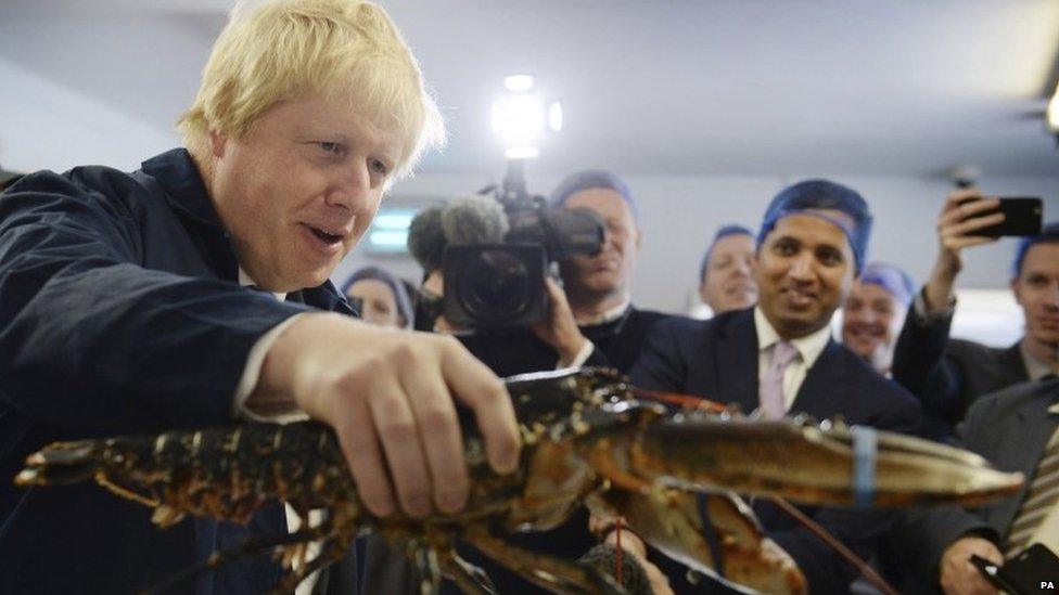 Boris Johnson holding a lobster on a visit to Suffolk