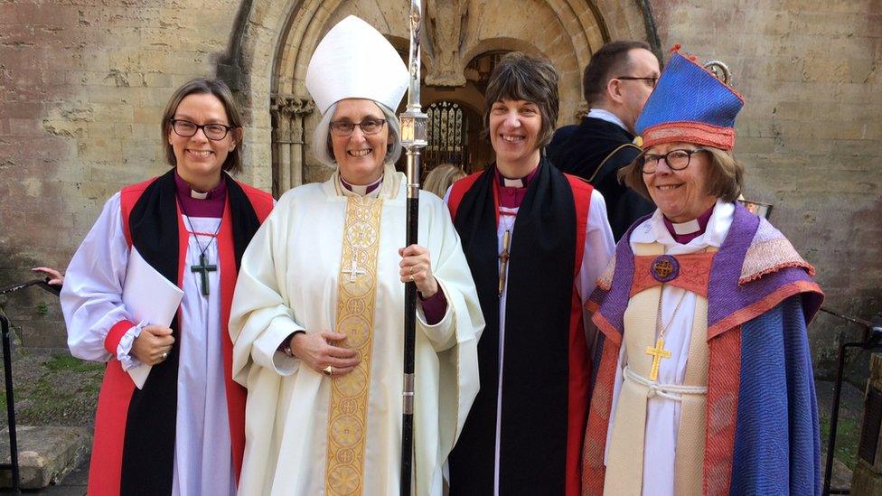 The four women bishops together, Helen-Ann Hartley, Bishop of Waikato and Taranaki in New Zealand; Bishop Joanna, of St Davids, Wales, Rachel Treweek, the Bishop of Gloucester, and Bishop Eva Brunne-Sweden from Sweden.