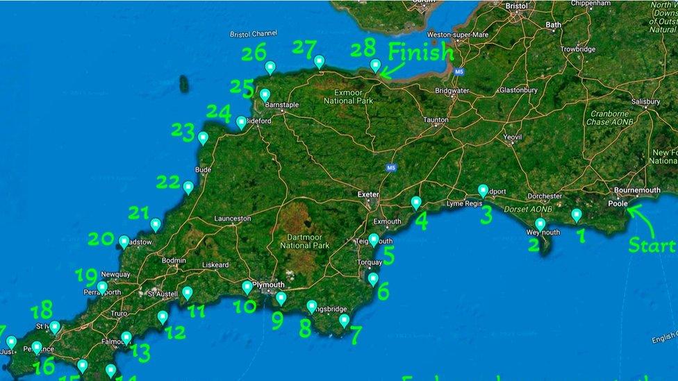 A map of the South West Coast, with intermittent markers to show each daily destination