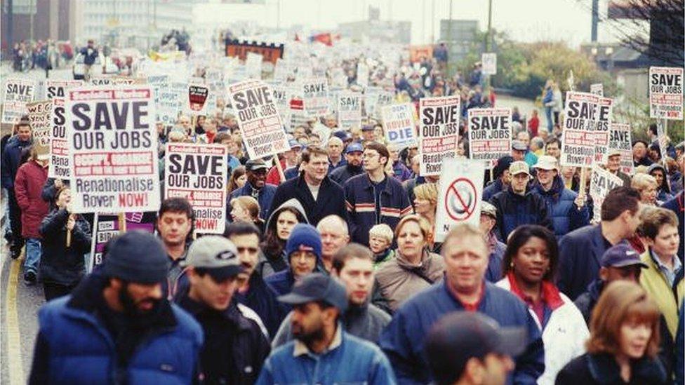 Workers from the Longbridge Rover plant taking part in a rally in 2000