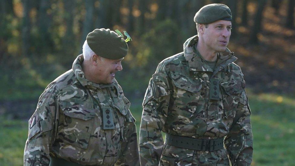 The Prince of Wales, Colonel-in-Chief, 1st Battalion Mercian Regiment (right) during a visit to the regiment, in the south west of the UK, for the first time following his appointment to the role by King Charles III.