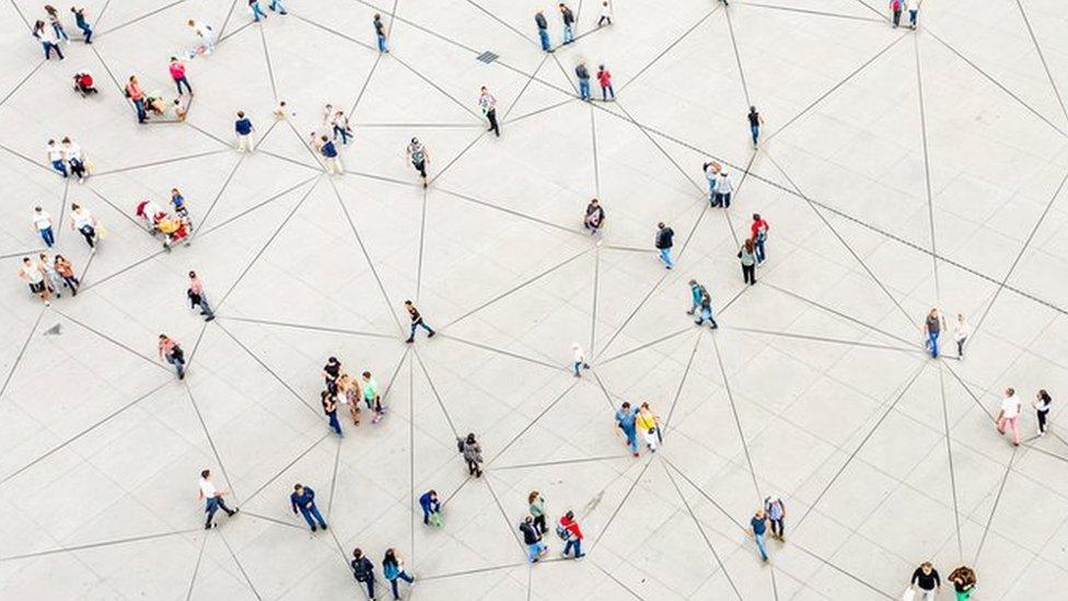 An aerial photo of people joined by lines on the ground