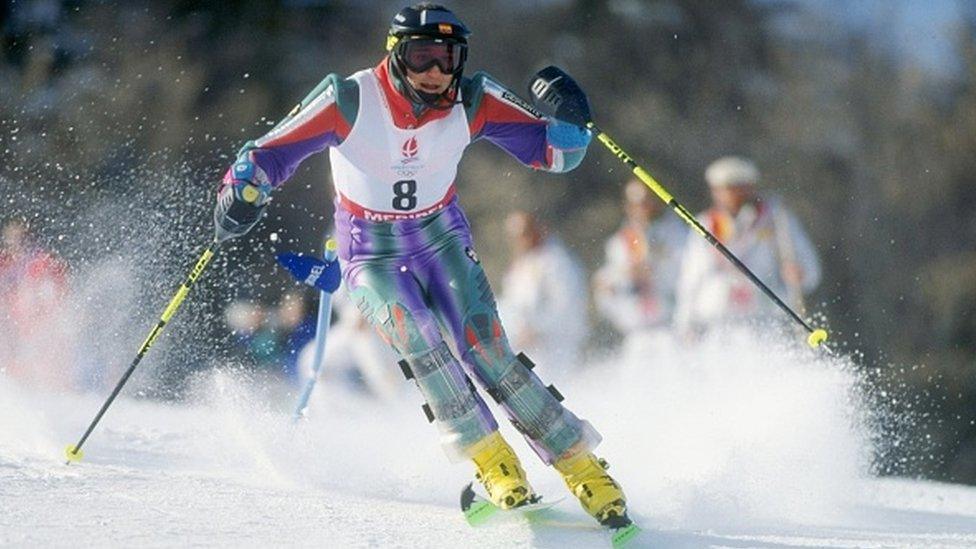 Ms Fernández skis downhill during the women's slalom at the Winter Olympics in Albertville, France, in 1992