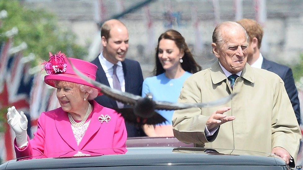 The Queen and Duke and Edinburgh with Prince William, Catherine and Prince Harry behind