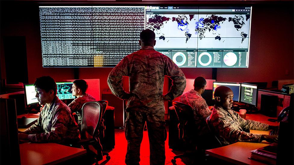 Personnel with the 175th Cyberspace Operations Group conduct cyber operations at Warfield Air National Guard Base, Middle River, Maryland, US, 2017