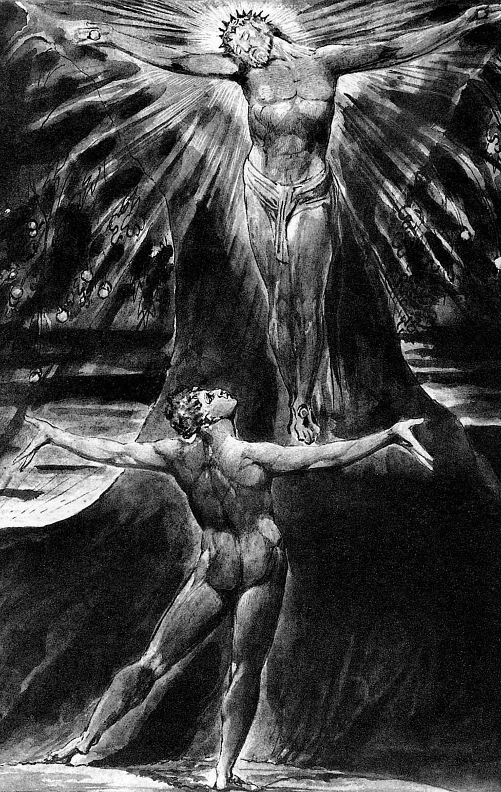 Albion contemplating Jesus crucified in William Blake's engraved poem Jerusalem