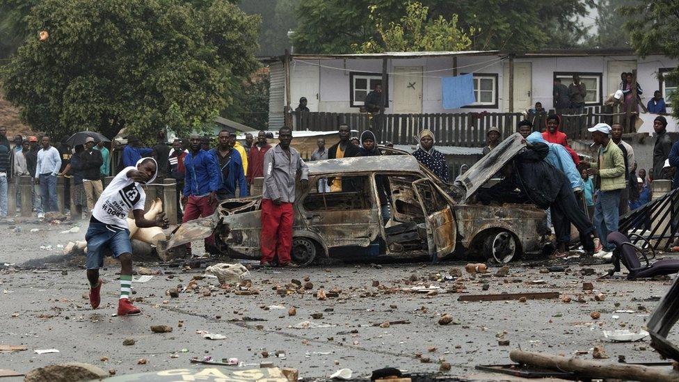 Striking community members protest on the streets of Zandspruit, an informal settlement west of Johannesburg, South Africa, 17 March 2016. Community members blocked and barricaded roads surrounding the settlement, after their illegal electricity connections where removed my Johannesburg Council workers almost a week ago