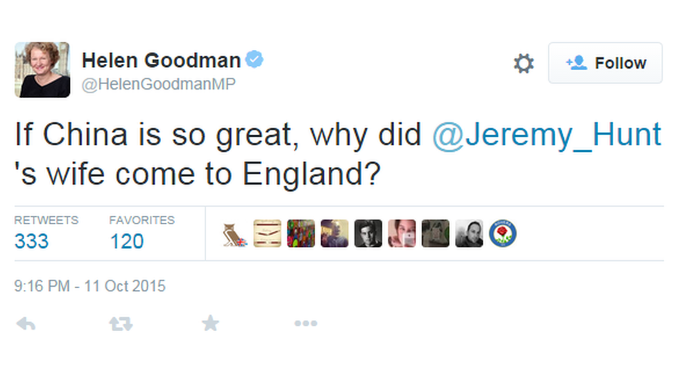 Helen Goodman's tweet, reading: "If China is so great, why did @Jeremy_Hunt's wife come to England?"