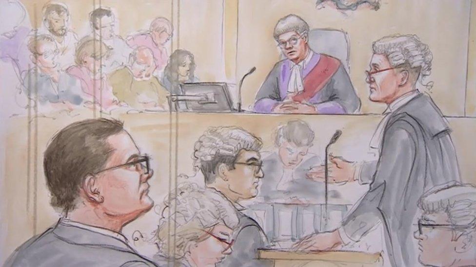 Court sketch showing Shaun Smith opening the case