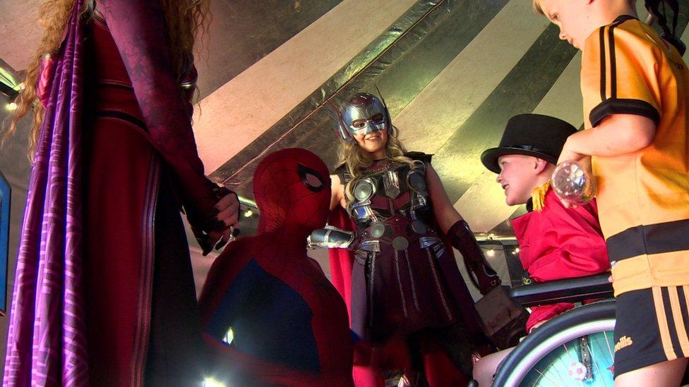 Dáithí greets Scarlet Witch, Spider Man and Mighty Thor