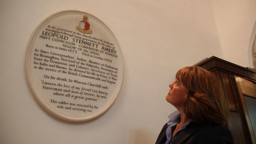 Jane Corbin with the plaque to her ancestor, Leo