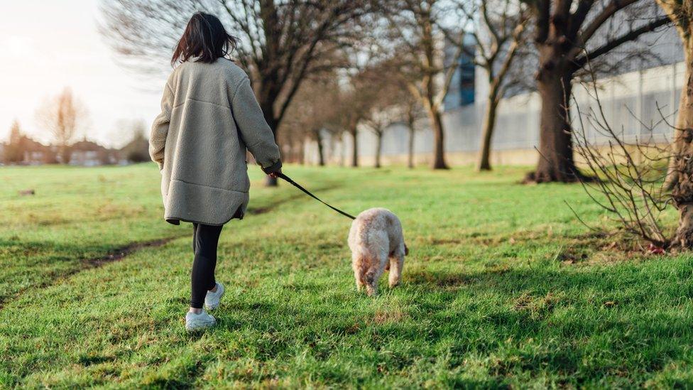 Woman walking dog