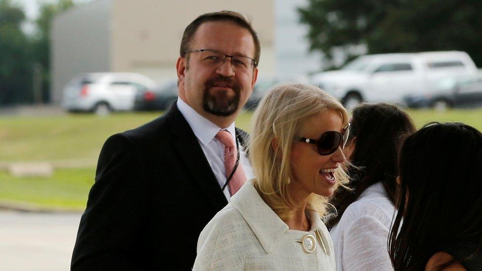 White House adviser Sebastian Gorka (L)at Andrews air force base, Maryland, 25 July