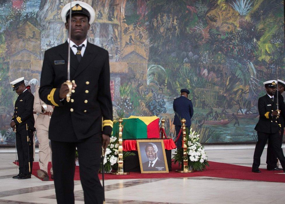 Soldiers guard the coffin of Kofi Annan, Ghanaian diplomat and former Secretary General of United Nations who died on August 18 at the age of 80 after a short illness, at the Accra International Conference Centre in Accra ahead of his funeral on September 12, 2018.