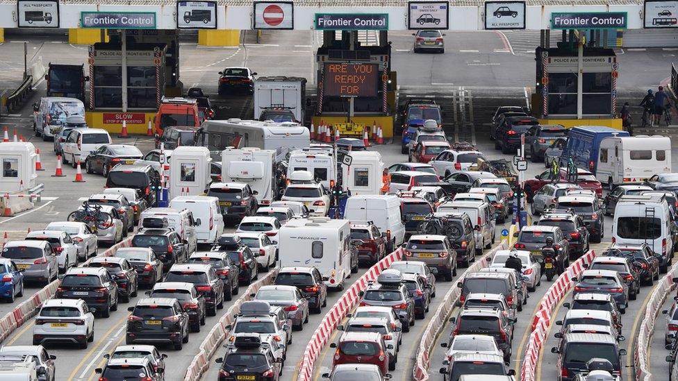 Cars queue in many lanes at Dover