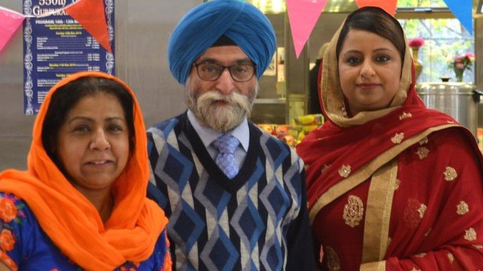 General secretary Dalbjeet Singh Dilber, with Shindo Kaur (left) and Prabhjot Virhia (right) outside the temple's kitchen