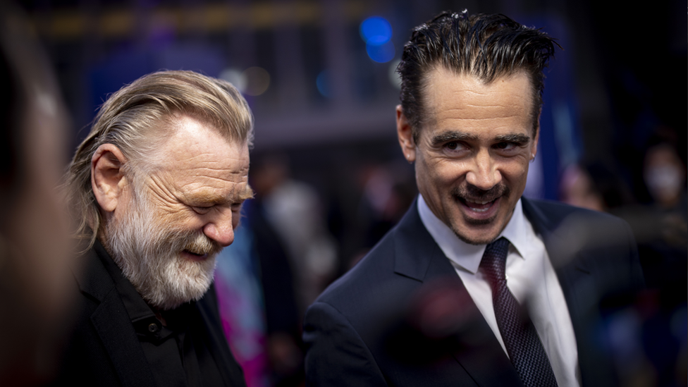 Brendan Gleeson (L) and Colin Farrell (R) give a media interview on the red carpet for 'The Banshees of Inisherin' premiere during the BFI London Film Festival, in London, Britain, 13 October 2022