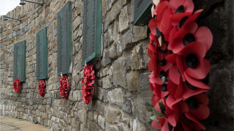 Poppy wreaths at the war memorial in Port Stanley, Falkland Islands.