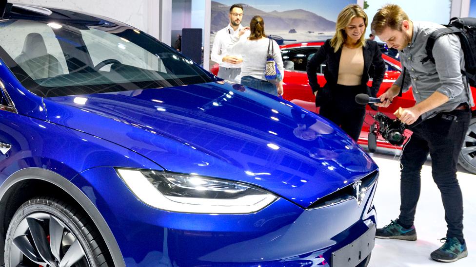 A Tesla car on display in Brussels