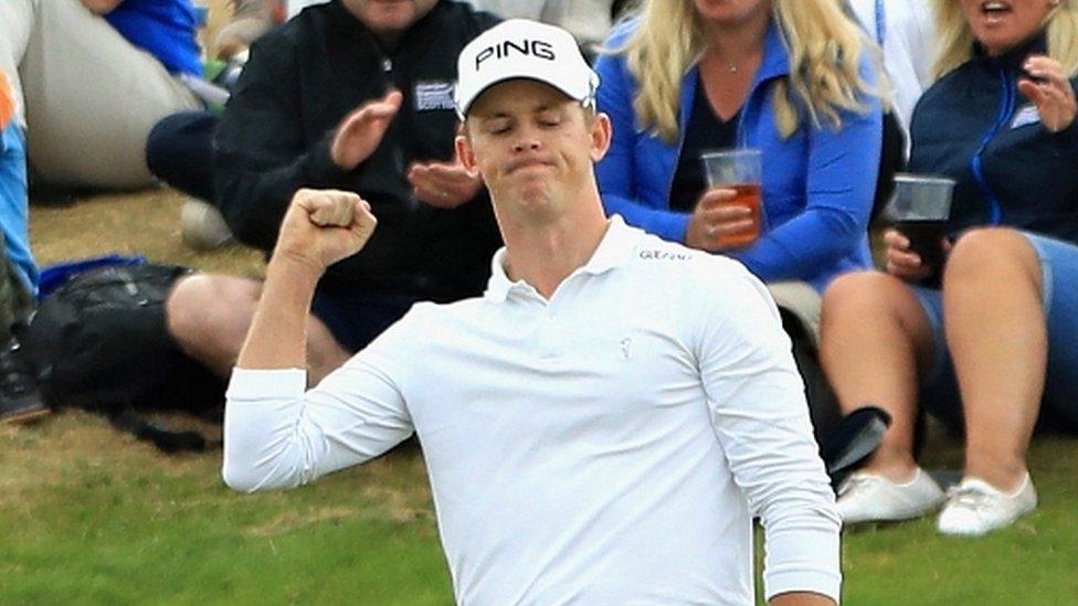 Brandon Stone celebrates a successful putt during his final round