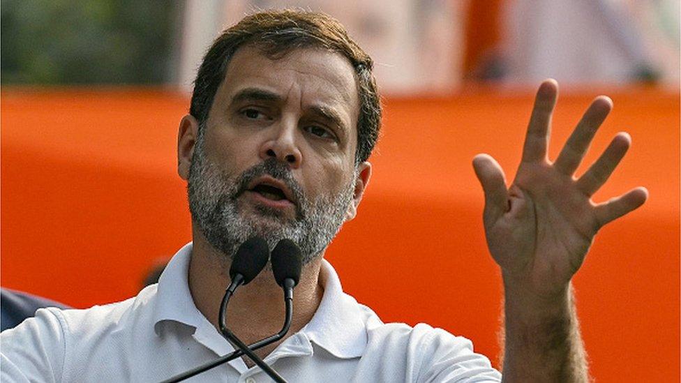 India's Congress party leader Rahul Gandhi speaks during a protest in New Delhi on December 22, 2023, against the suspension of lawmakers belonging to an opposition grouping of 26 parties dubbed INDIA -- the Indian National Developmental Inclusive Alliance -- formed to fight general elections slated for early next year.