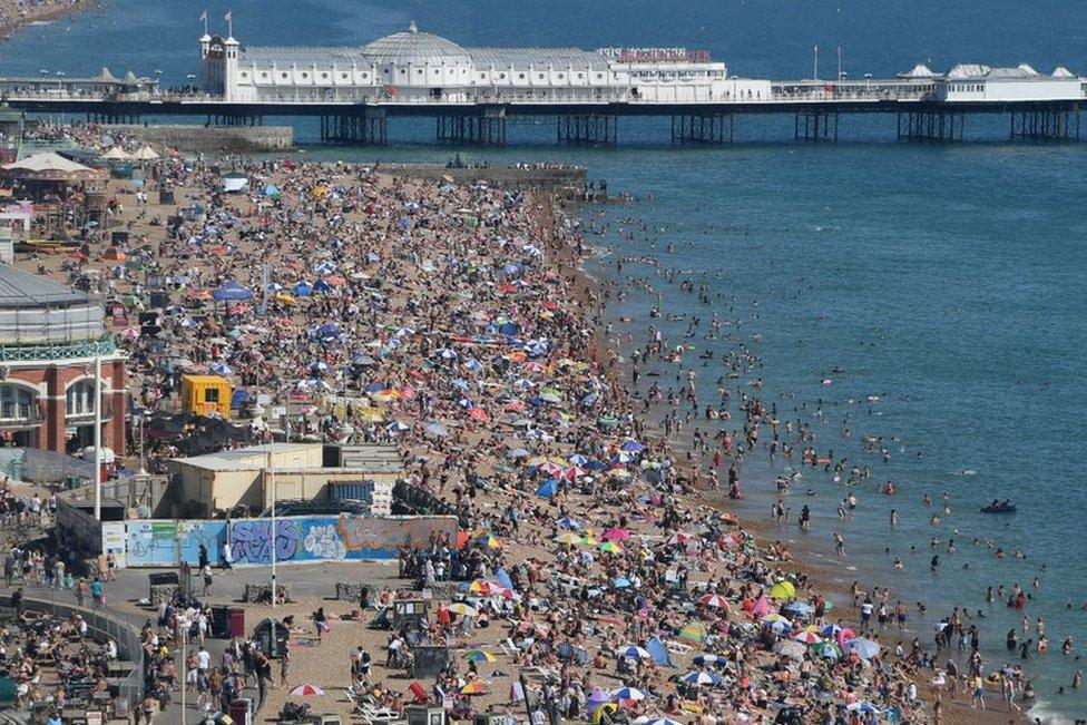 Brighton beach is packed as the South of England basks in a summer heatwave on 7 August 2020.