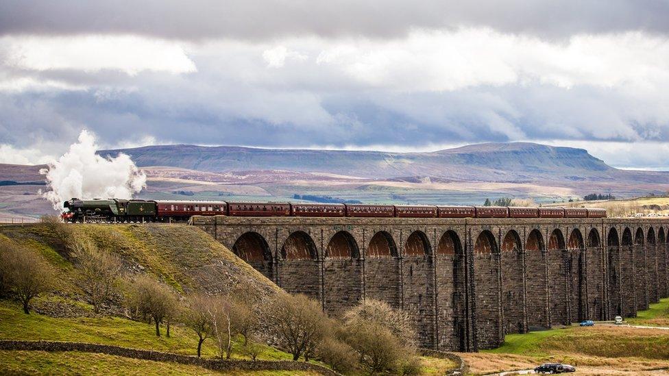 Flying Scotsman travelling over the Ribblehead Viaduct on the Settle-Carlisle line, in March 2017