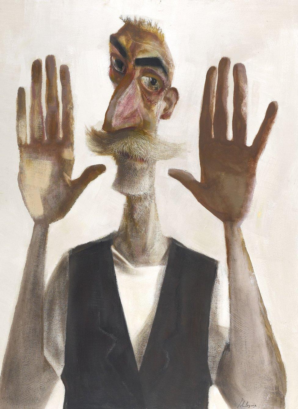 Painting of John Byrne holding his hands up